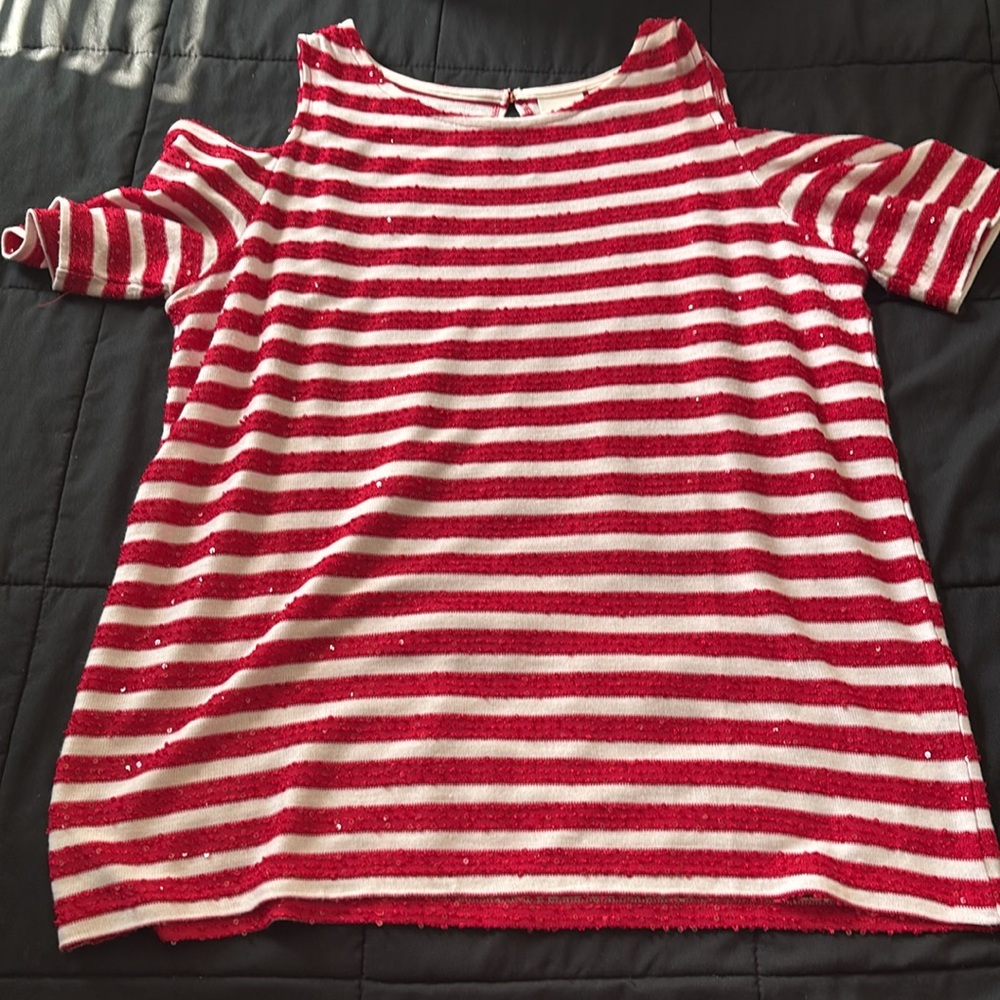 Chico's Red Cold Shoulder Sequin Blouse with Short Sleeves size 2